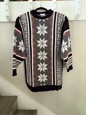 Cozy Vintage Geo-Pattern Crewneck Sweater Dress in Pink, Black & White